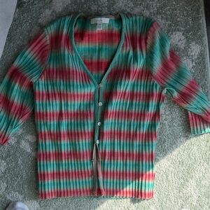 Joie Striped Button Cardigan - Teal & Coral Pink